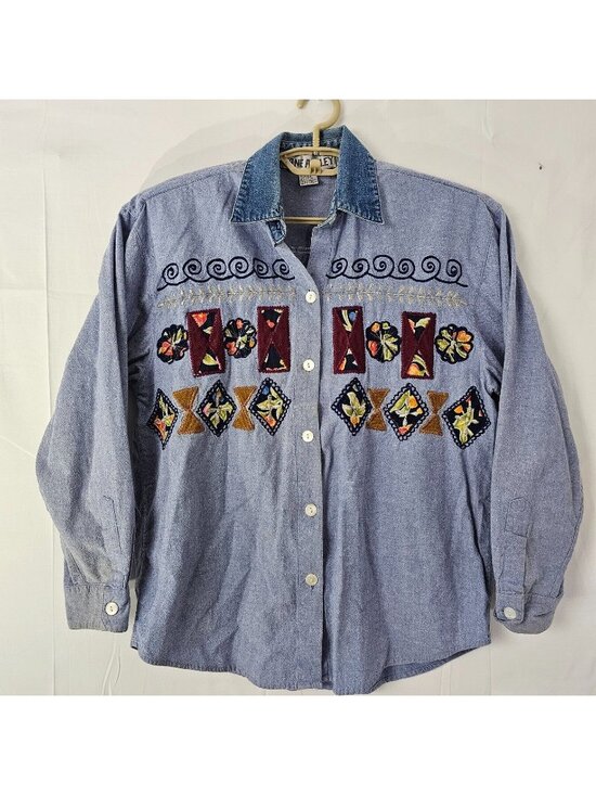 Jane Ashley Tops - Jane Ashley Button Up Shirt Womens Medium Blue Denim Embroidered Cotton Y2K